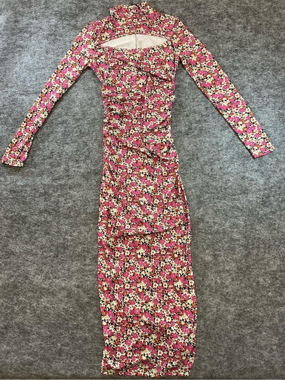 Zara Floral Pink Long Sleeve Slim Fit Midi Dress Size S